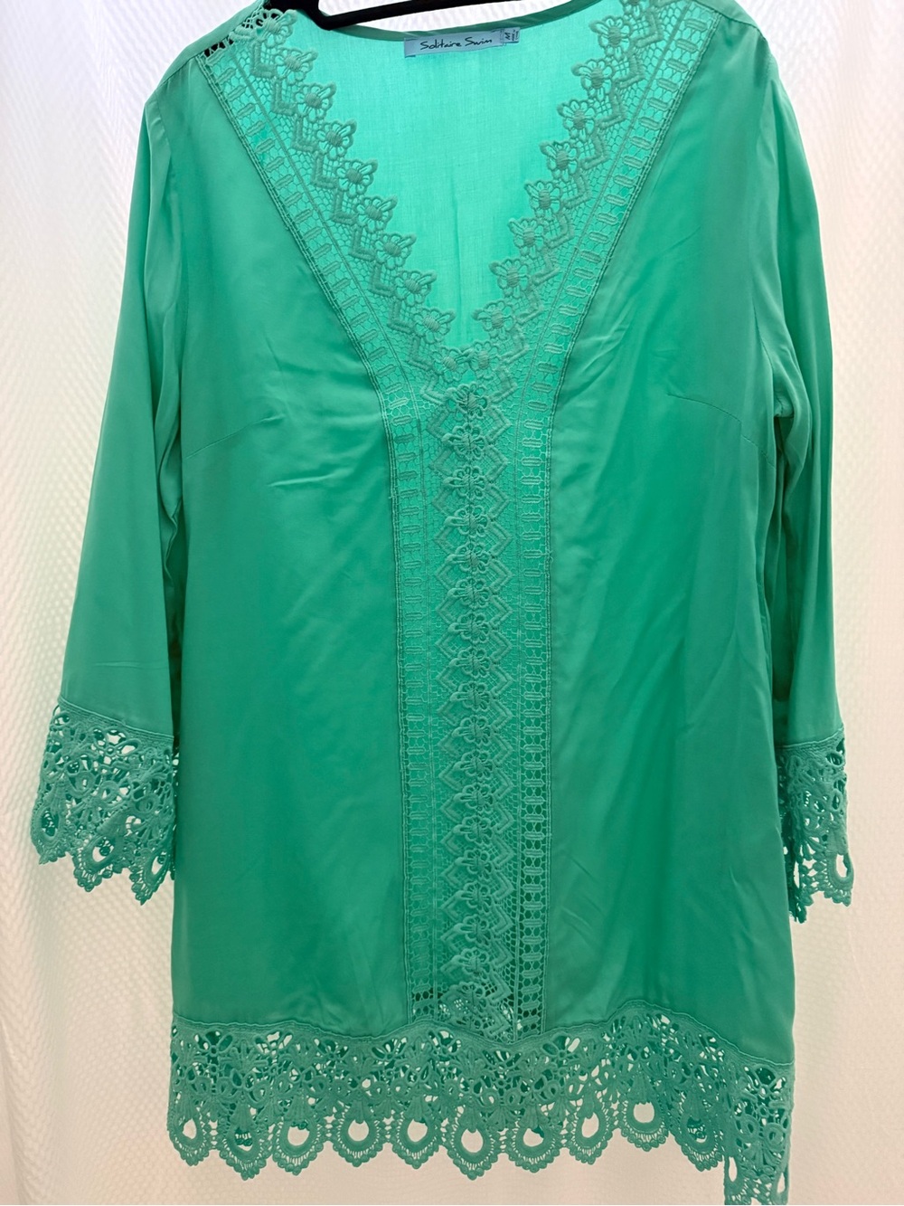 Solitaire Swim Mint Green Crochet Trim V-Neck Tunic swimsuit cover-up